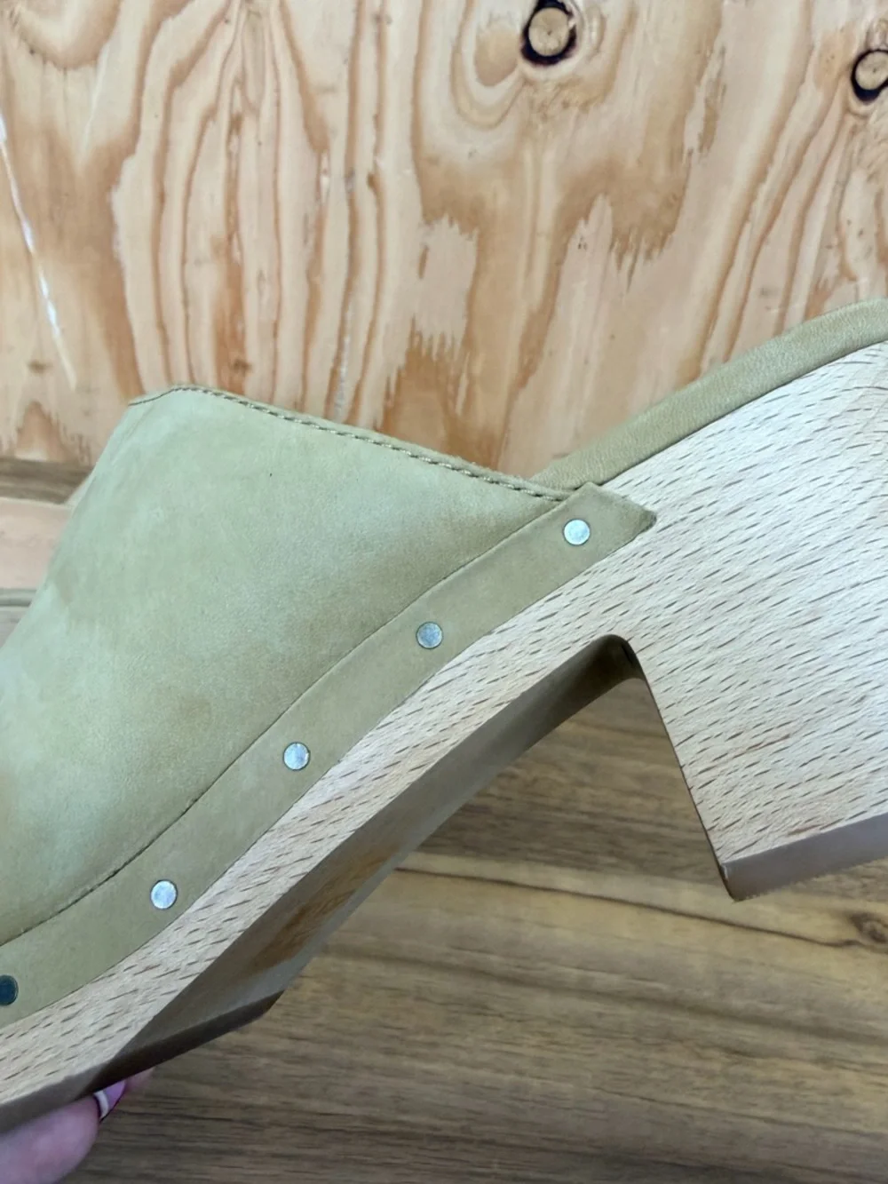 Madewell Nubuck Leather Clog Mules Tan Wooden Heel Size 8.5 - Picture 9 of 9